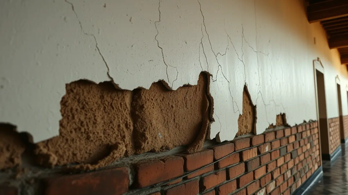 Imagen de una pared escolar dañada tras un temporal, con grietas y manchas de humedad.