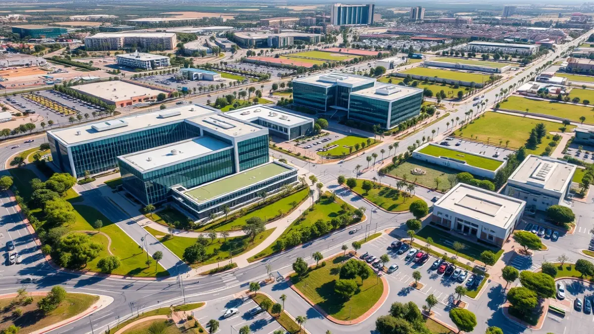 Aerial image of a technology park with modern buildings and green areas, showcasing urban planning.