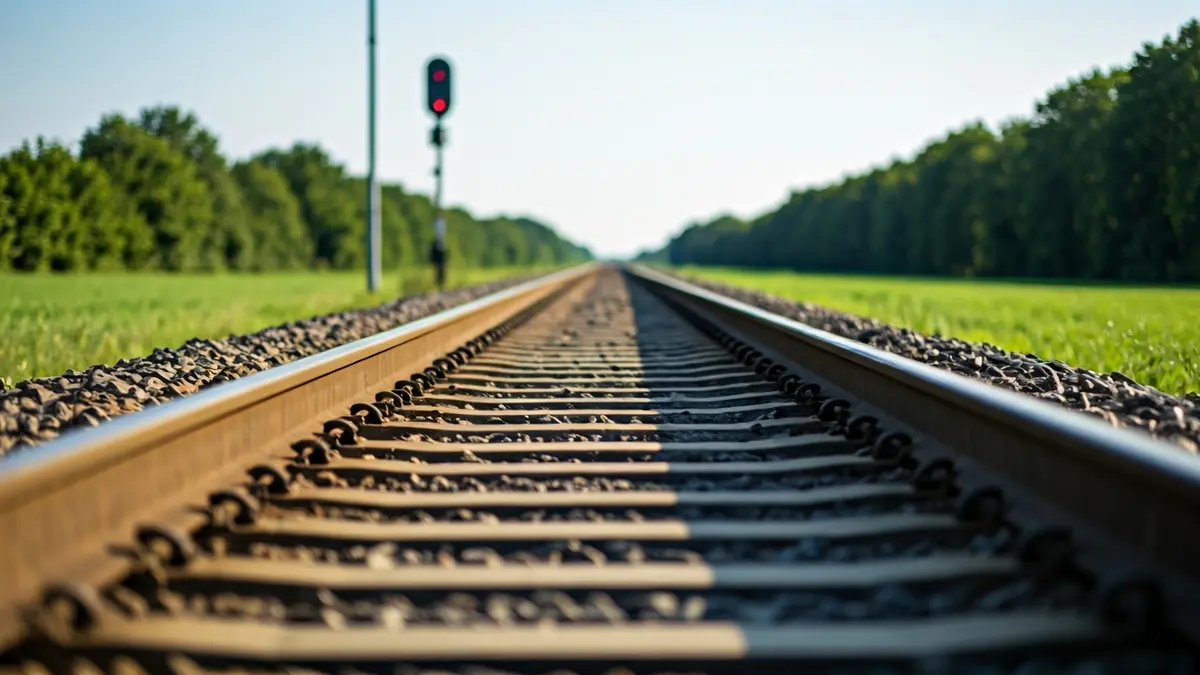Train tracks in a rural setting, with green fields in the background.