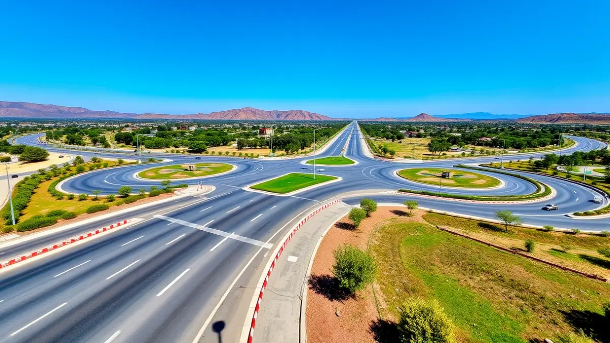 Imagen genérica de una rotonda en una carretera, con señalización vial y paisajismo.