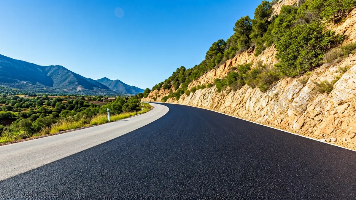 Imagen de un camino rural mejorado en la Sierra de Segura, con asfalto nuevo y cunetas.