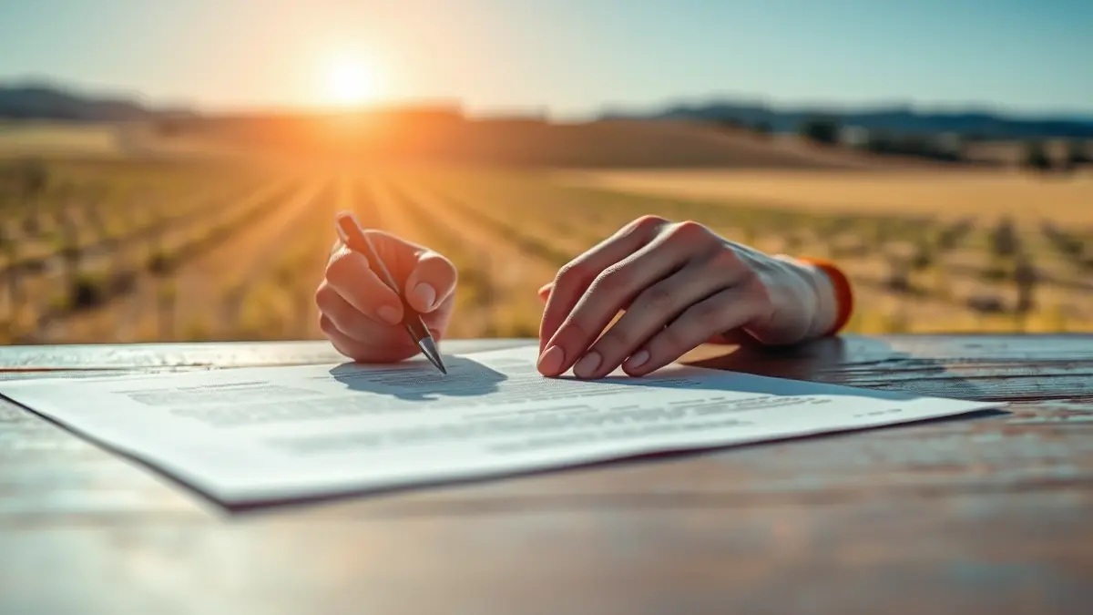 Imagen de una mano firmando un documento, con campos agrícolas de fondo.