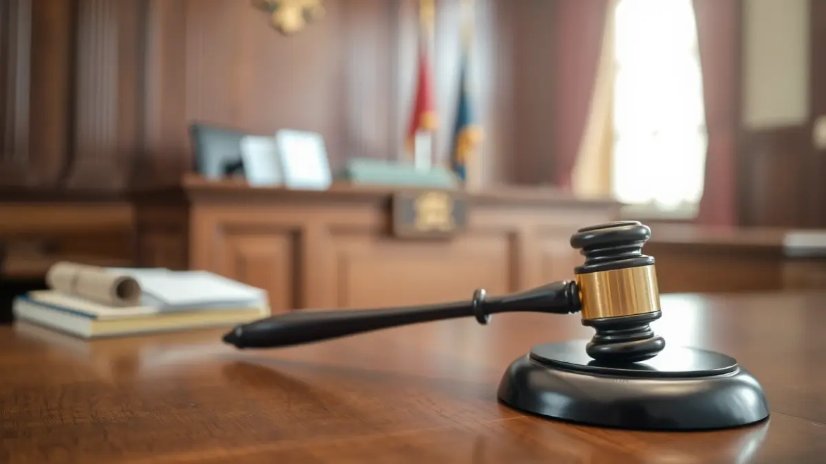 Generic image of a judge's gavel on a desk in a courtroom, symbolizing justice.