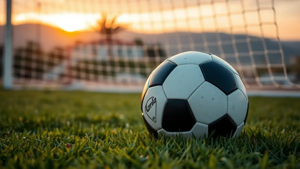 Generic image of a soccer ball on grass, with a blurred goal in the background.