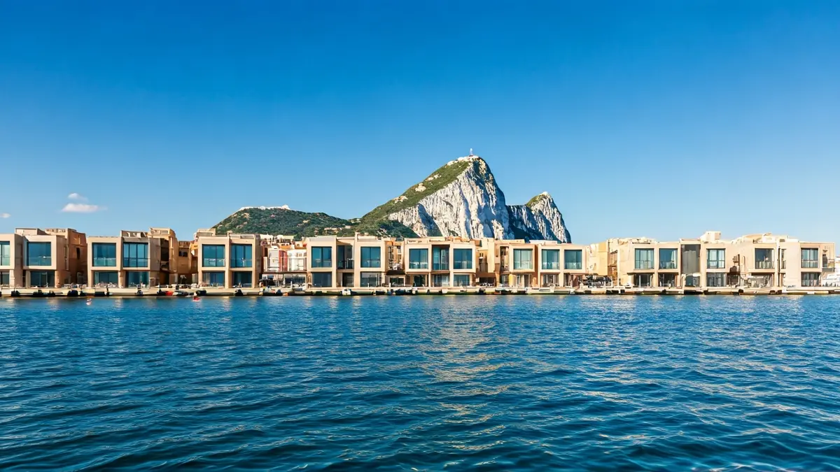 Casas flotantes en un puerto deportivo con vistas al Peñón de Gibraltar.