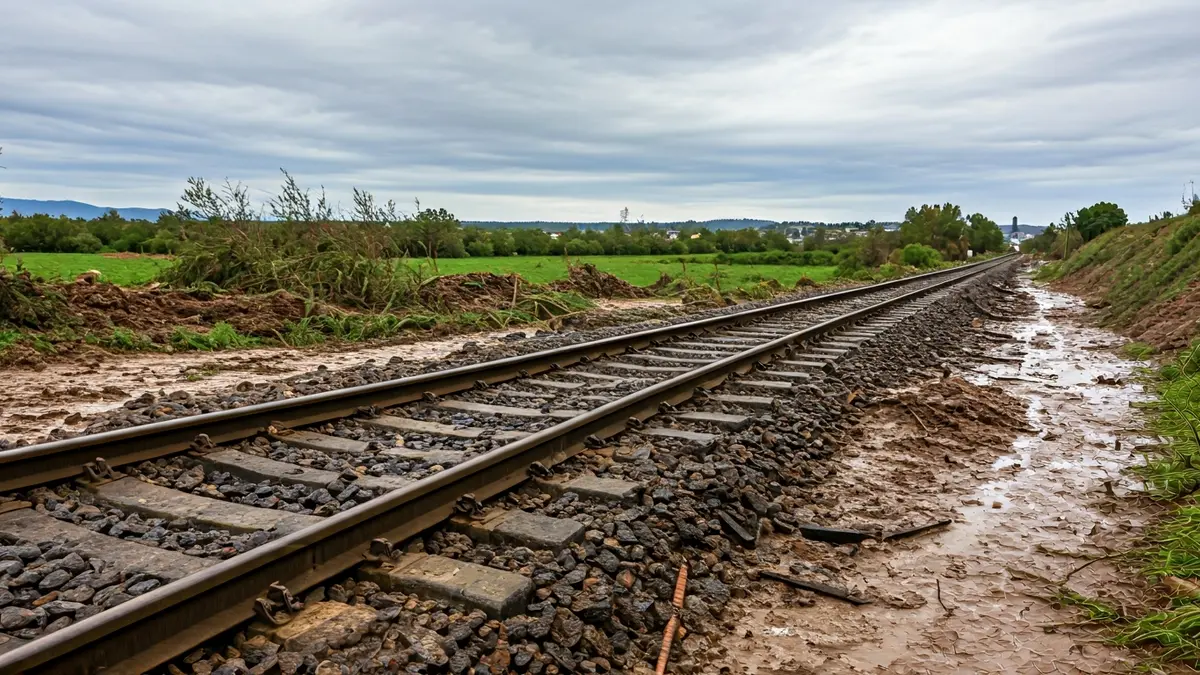 Damaged train track in a rural Andalusian landscape after a storm.