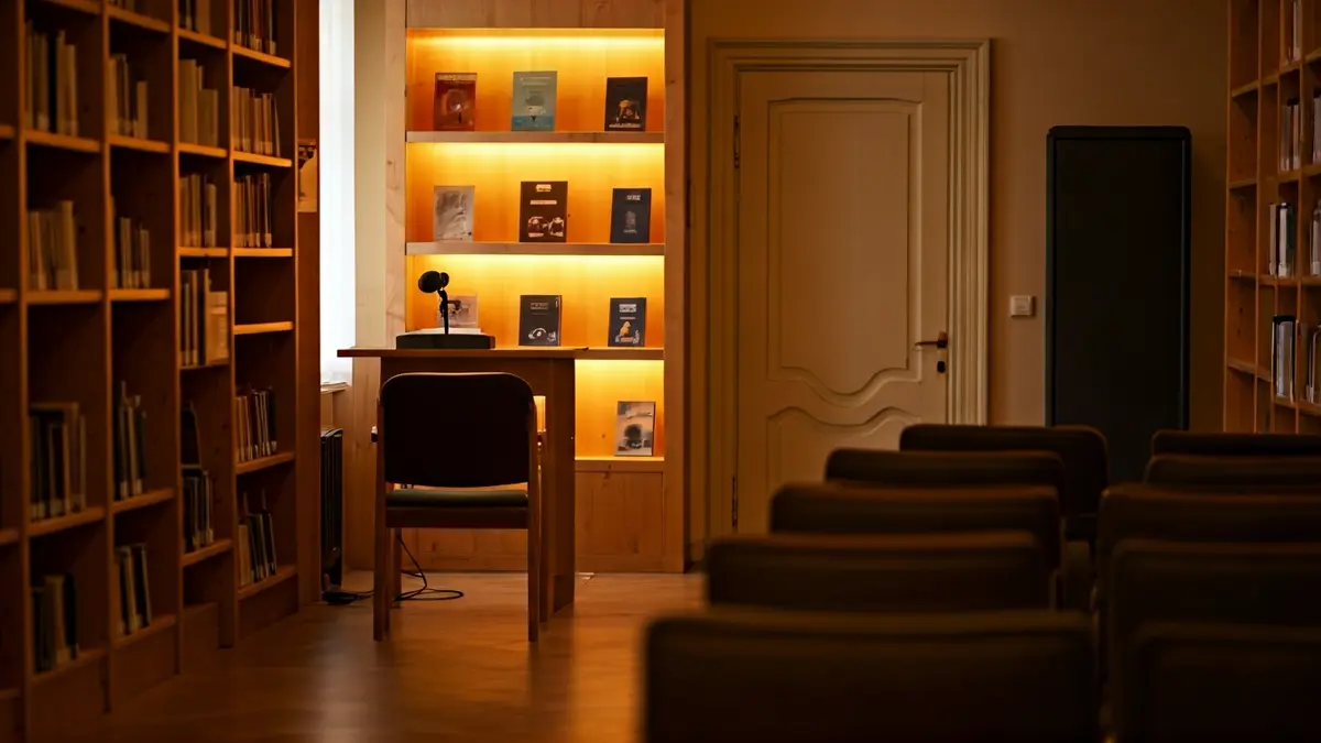 Imagen genérica de una biblioteca con un podio y sillas, iluminada cálidamente.