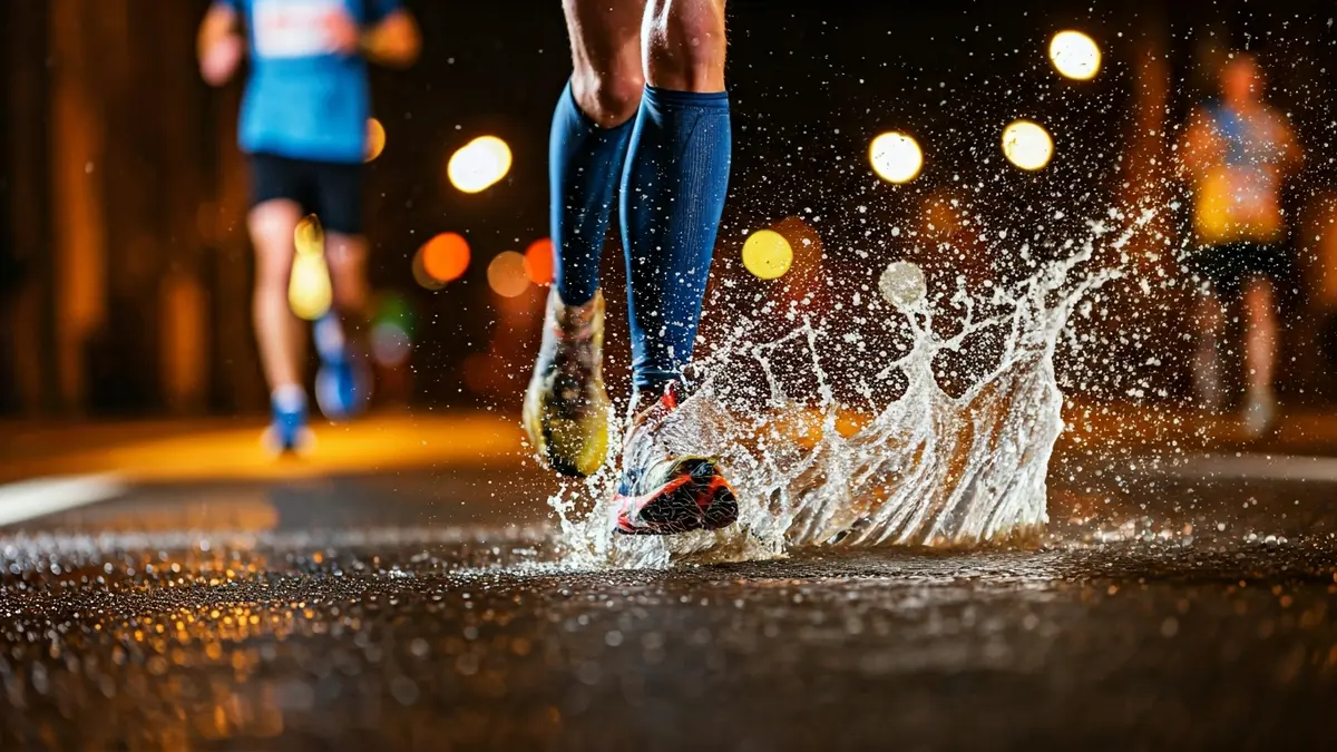 Generic image of runners in a marathon in the rain, with feet splashing water on the asphalt.