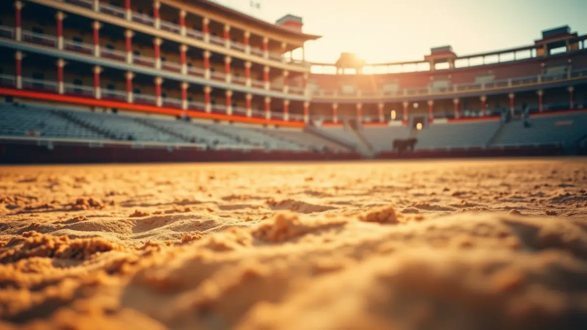 Generic image of a bullfighting arena's sand with the barrier in the foreground.