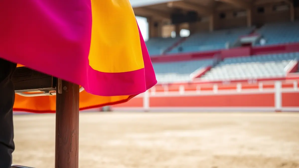 Bullfighter's cape on the barrier of a bullring.