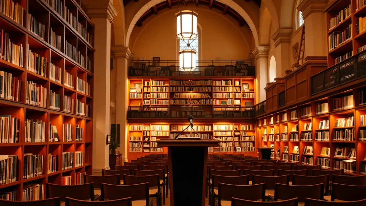 Imagen genérica de un auditorio o sala de conferencias con un micrófono en un podio.