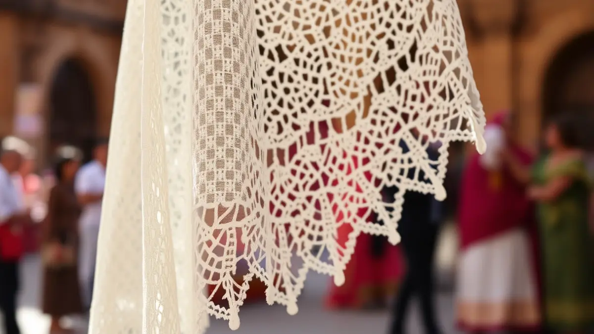 Imagen de una mantilla tradicional andaluza, con un fondo difuminado que sugiere un evento cultural en Sevilla.