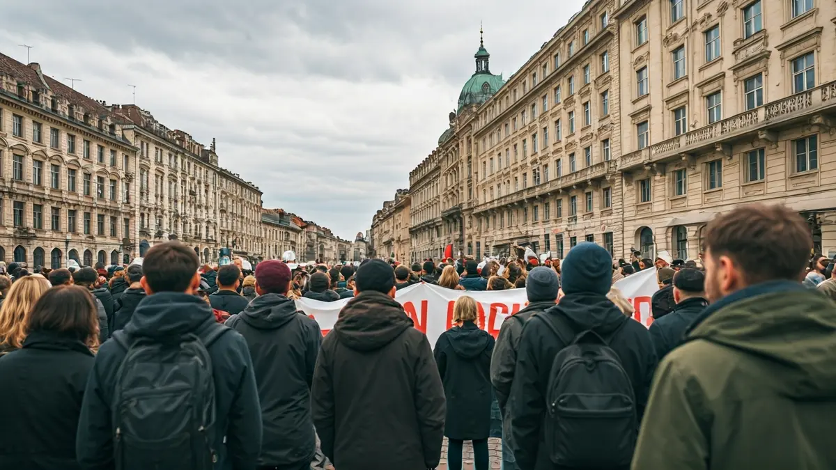 Generic image of a street protest in a city, with a banner and historic buildings in the background.