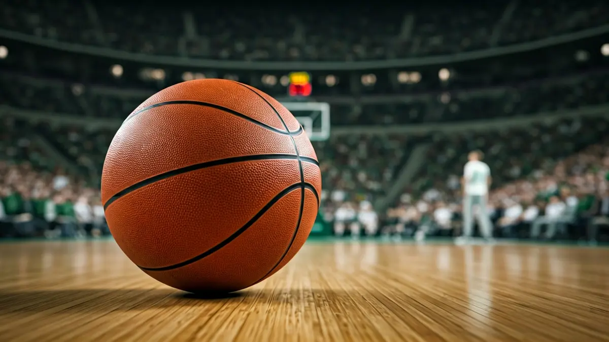 Imagen genérica de un balón de baloncesto en una cancha, con público difuminado al fondo.