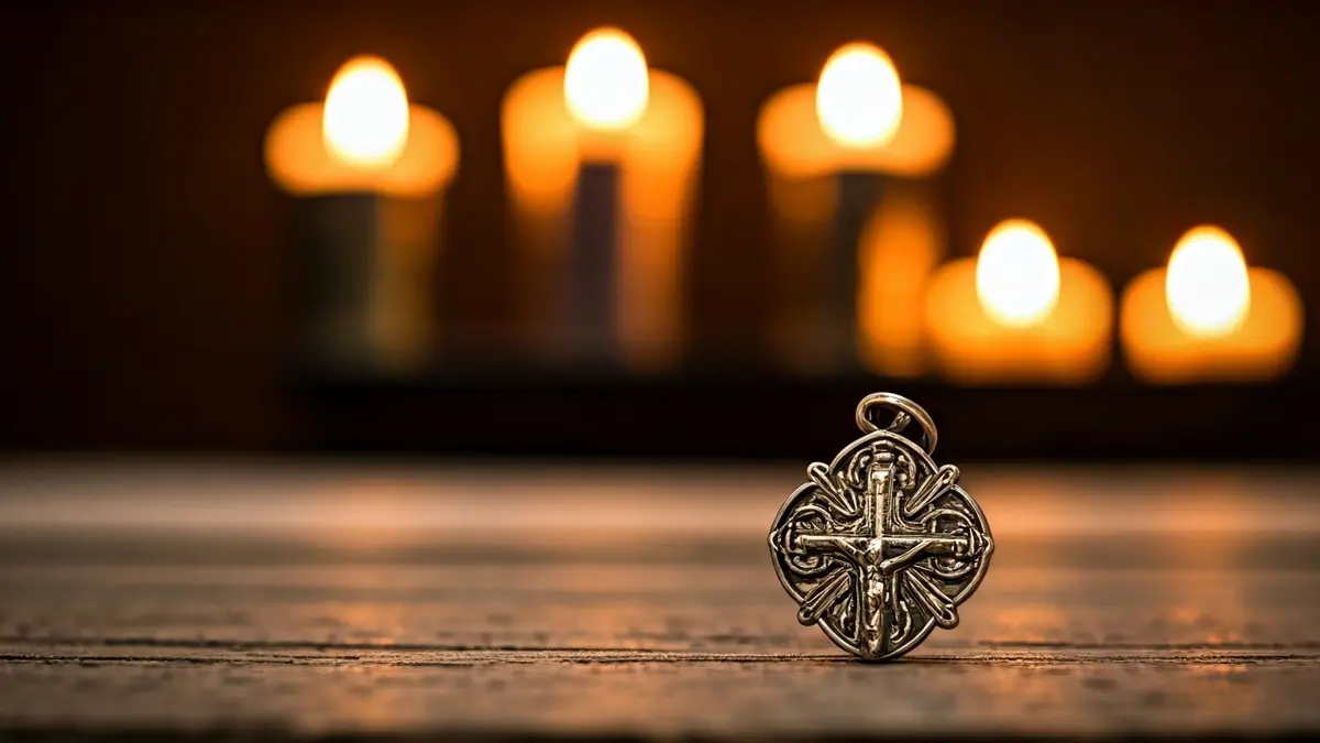 Imagen genérica de un objeto religioso, como una medalla o cruz, con velas de fondo.