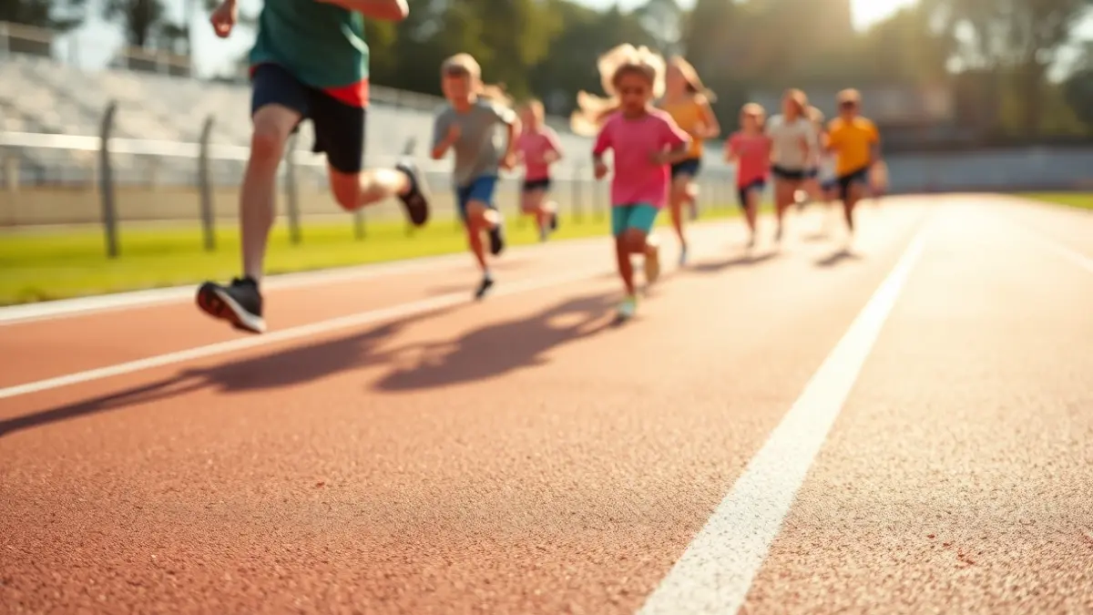Imagen genérica de una pista de atletismo con corredores infantiles borrosos al fondo.