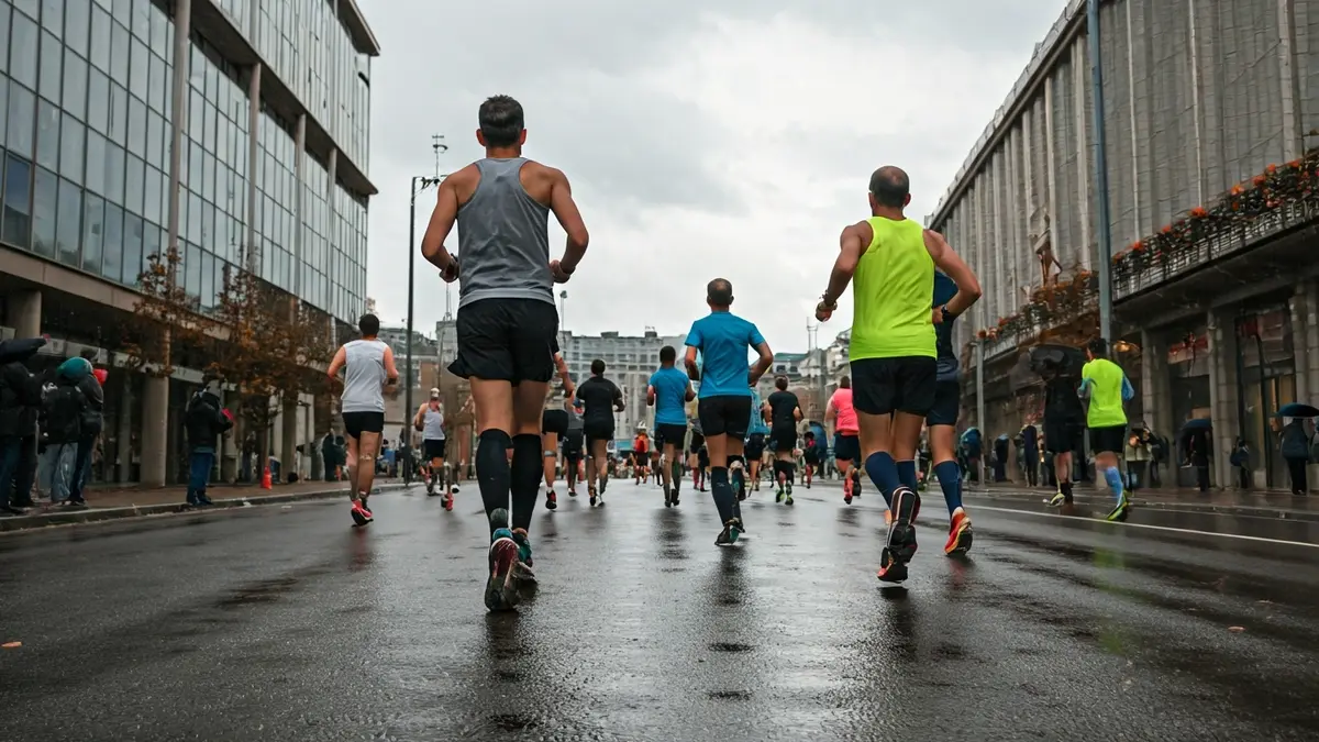 Imagen genérica de corredores en una maratón bajo la lluvia.