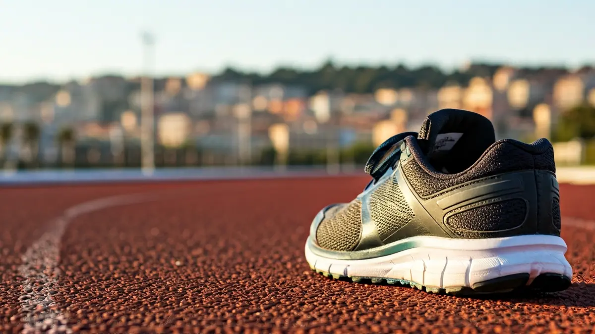 Generic image of a running shoe on an asphalt track, with a Mediterranean city skyline at dawn.