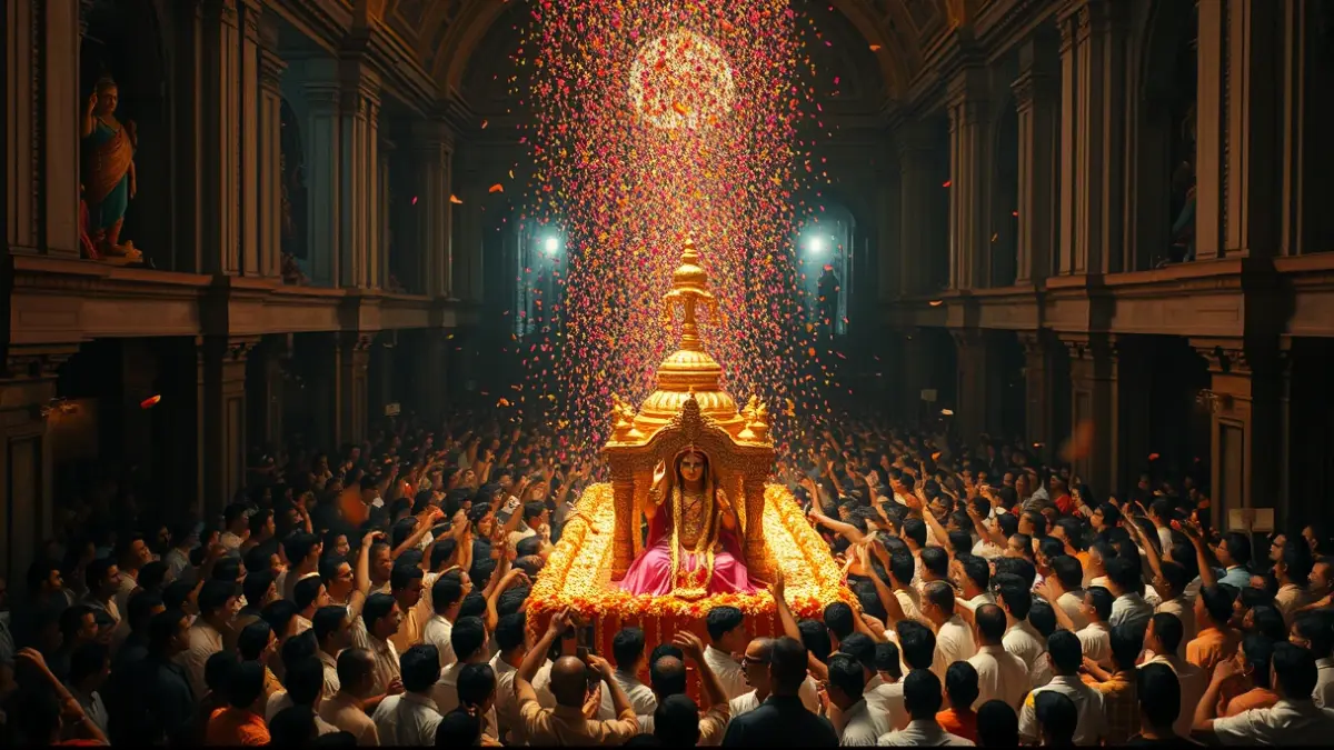 Imagen de una procesión religiosa con fieles y pétalos de flores.