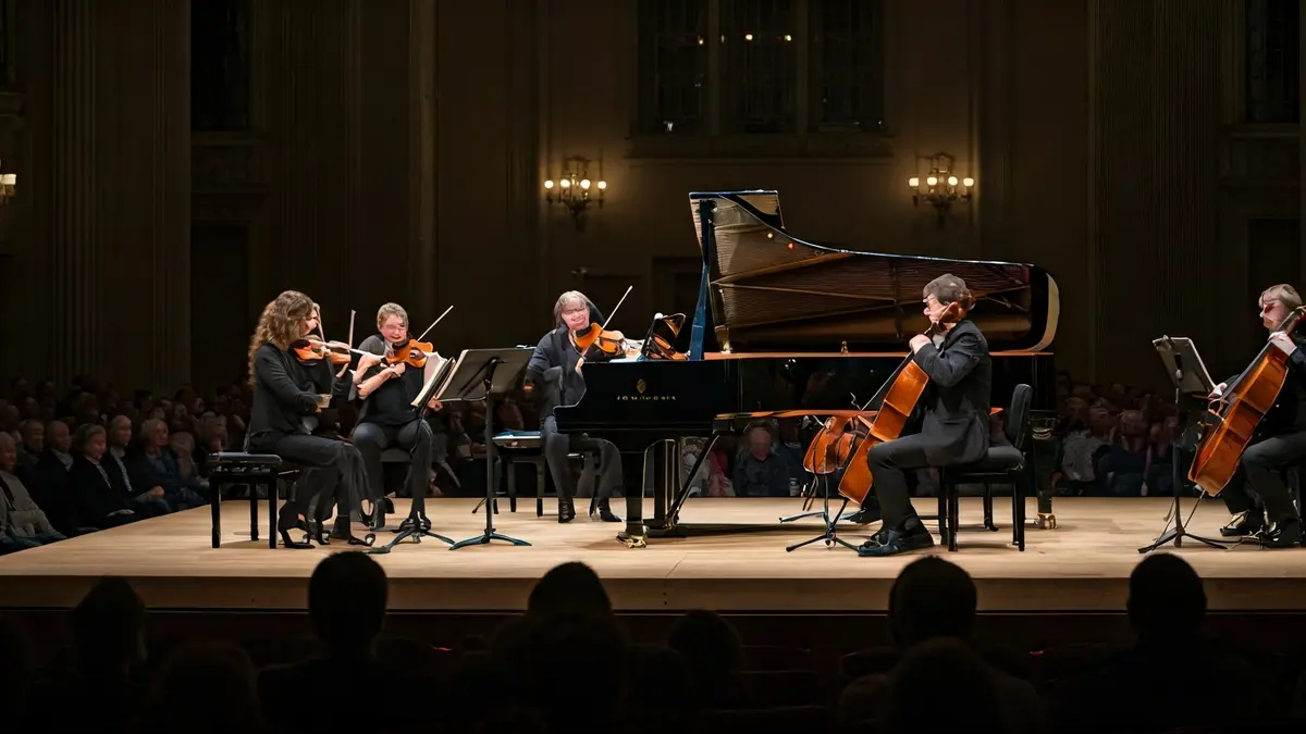 Image of a grand piano and a string quartet on a concert stage.
