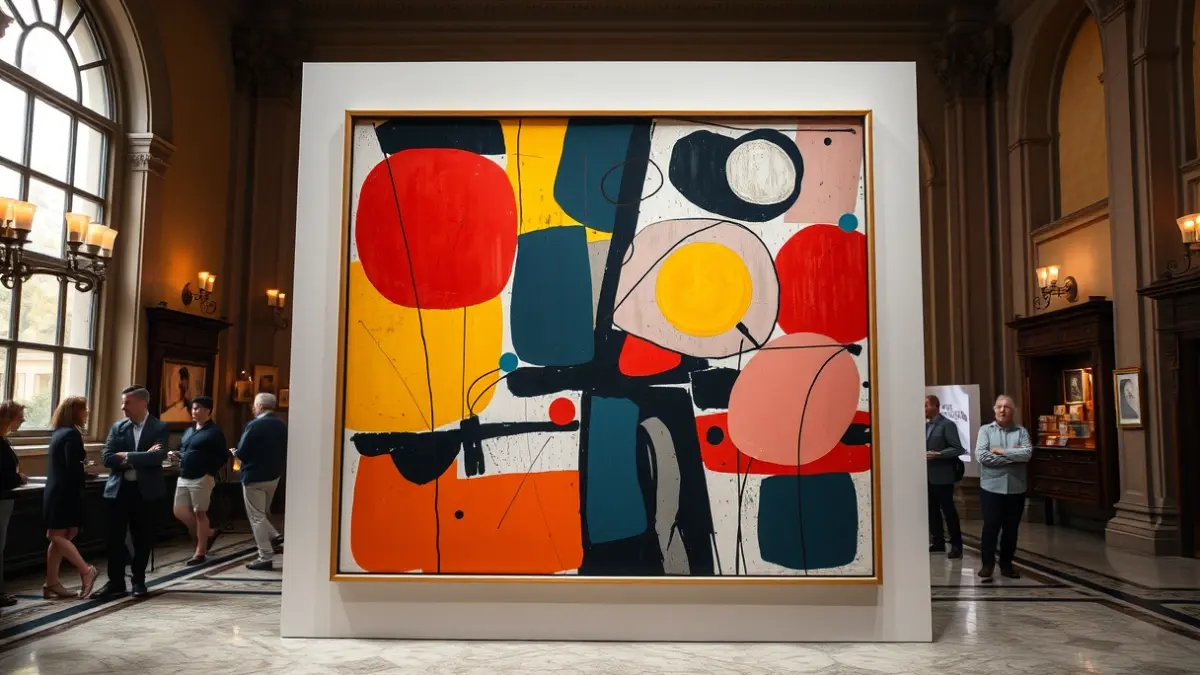 Imagen de una obra de arte abstracto inspirada en Kandinsky, expuesta en un entorno histórico.