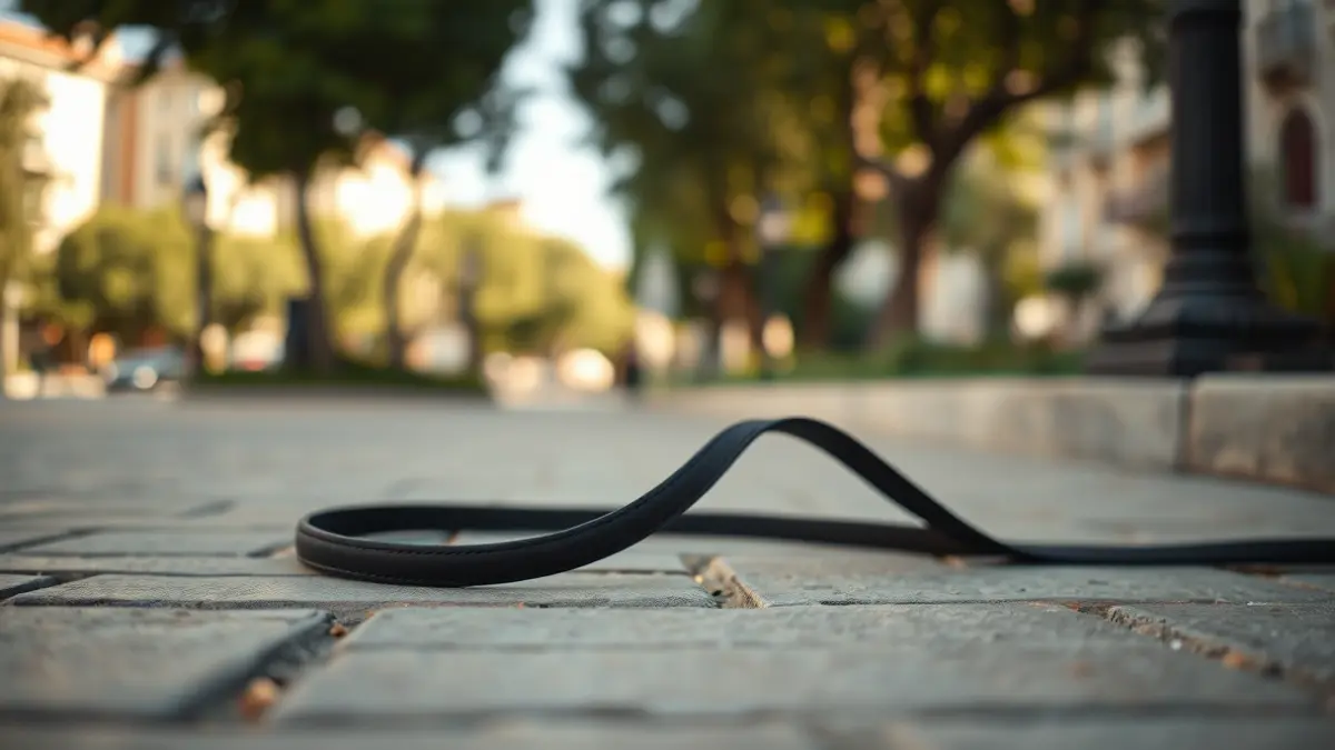 Generic image of a dog leash on a city sidewalk in a Mediterranean setting.