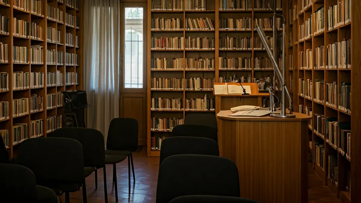Generic image of a library or book presentation room, with a microphone on a podium and wooden bookshelves.
