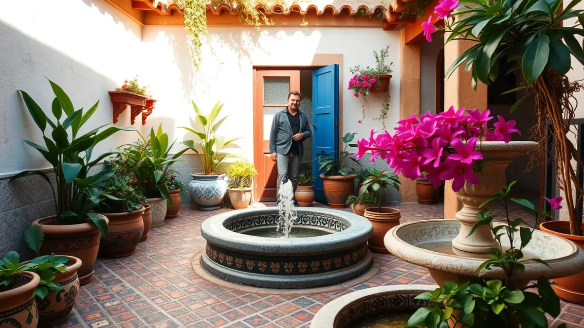 Imagen de un patio cordobés con flores y azulejos.