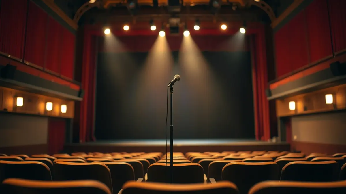 Imagen genérica de un escenario de teatro con un micrófono y asientos vacíos.