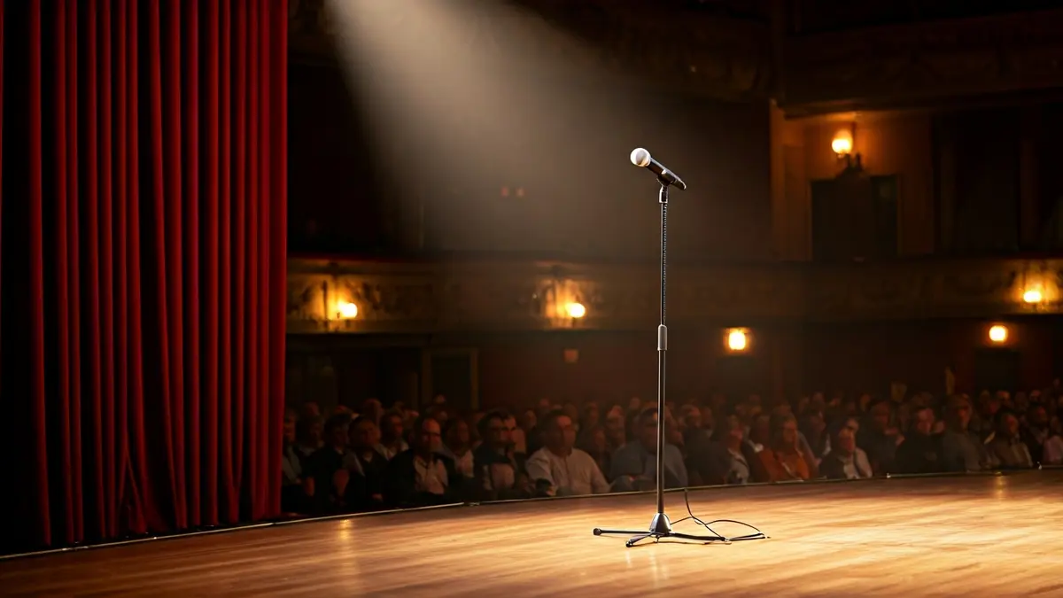 Imagen genérica de un escenario de teatro con un micrófono y cortinas rojas.