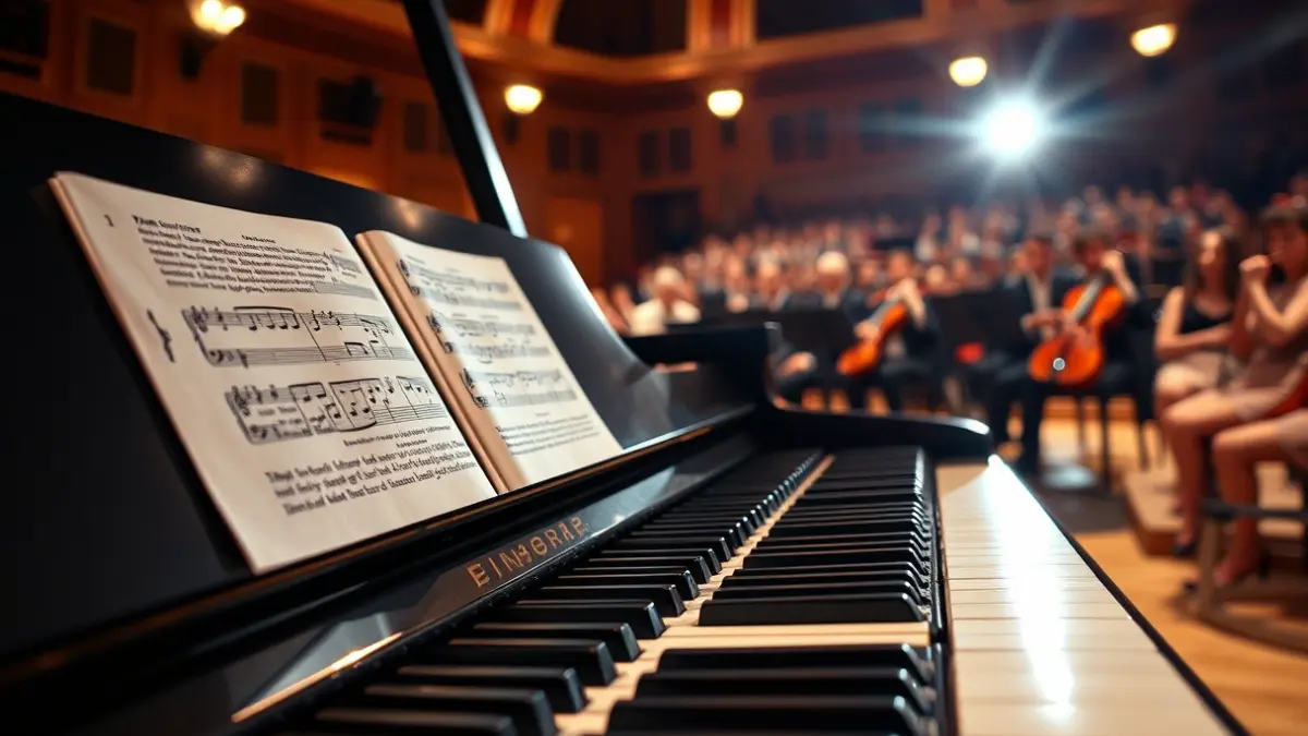 Imagen genérica de un piano de cola en un escenario de concierto.