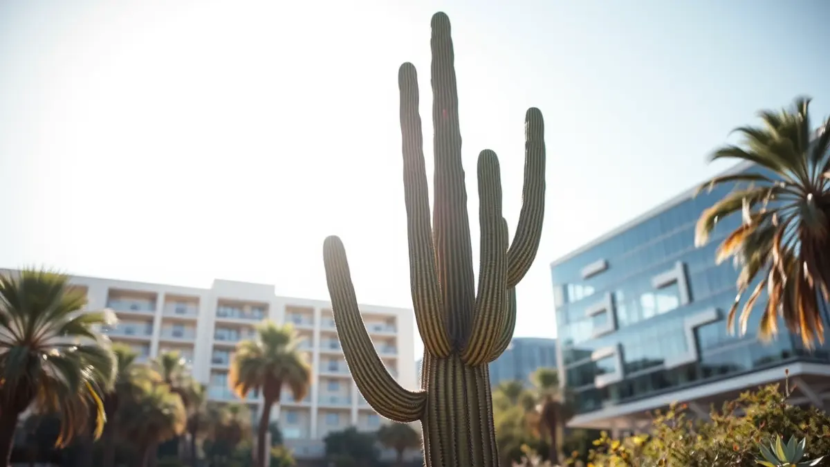 Imagen de un cactus gigante en un entorno urbano, con arquitectura moderna de fondo.