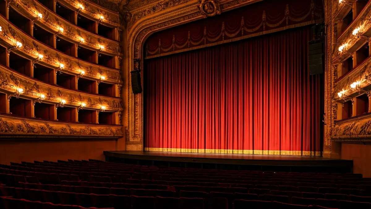 Generic image of an opera house interior with red velvet seats and a stage with a closed curtain.