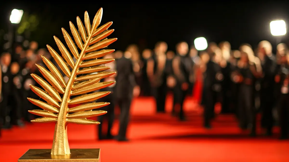 Image of the Palme d'Or on a red carpet, with blurred figures in the background.