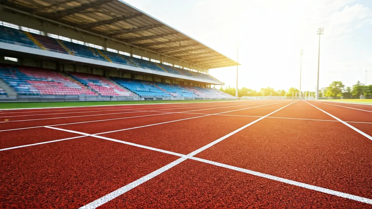 Imagen genérica de una pista de atletismo moderna con líneas de carril y gradas al fondo.