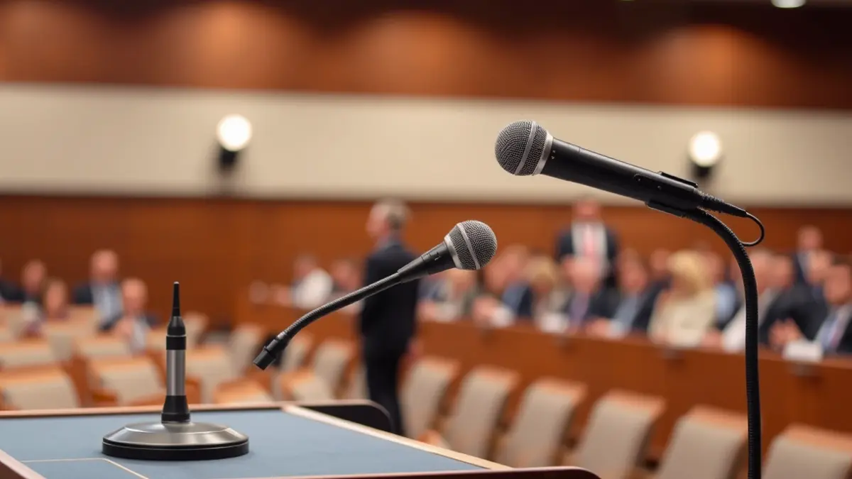 Generic image of a microphone on a podium, symbolizing a political debate or meeting.