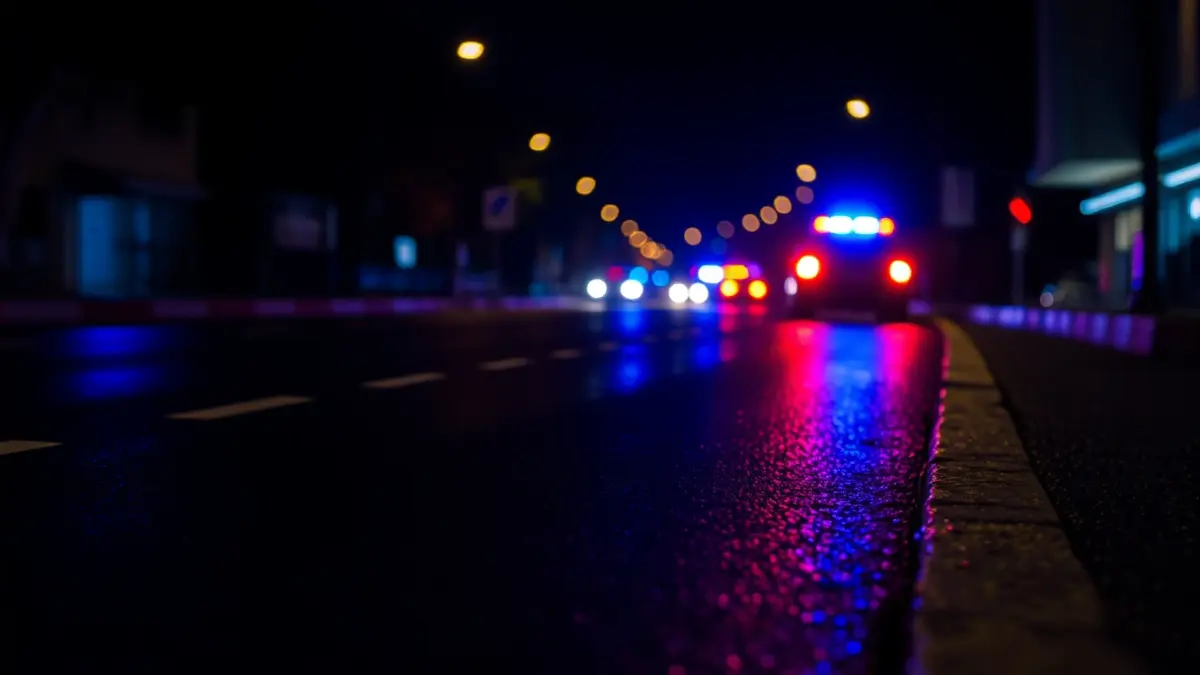 Generic image of police emergency lights reflecting on wet asphalt at night.