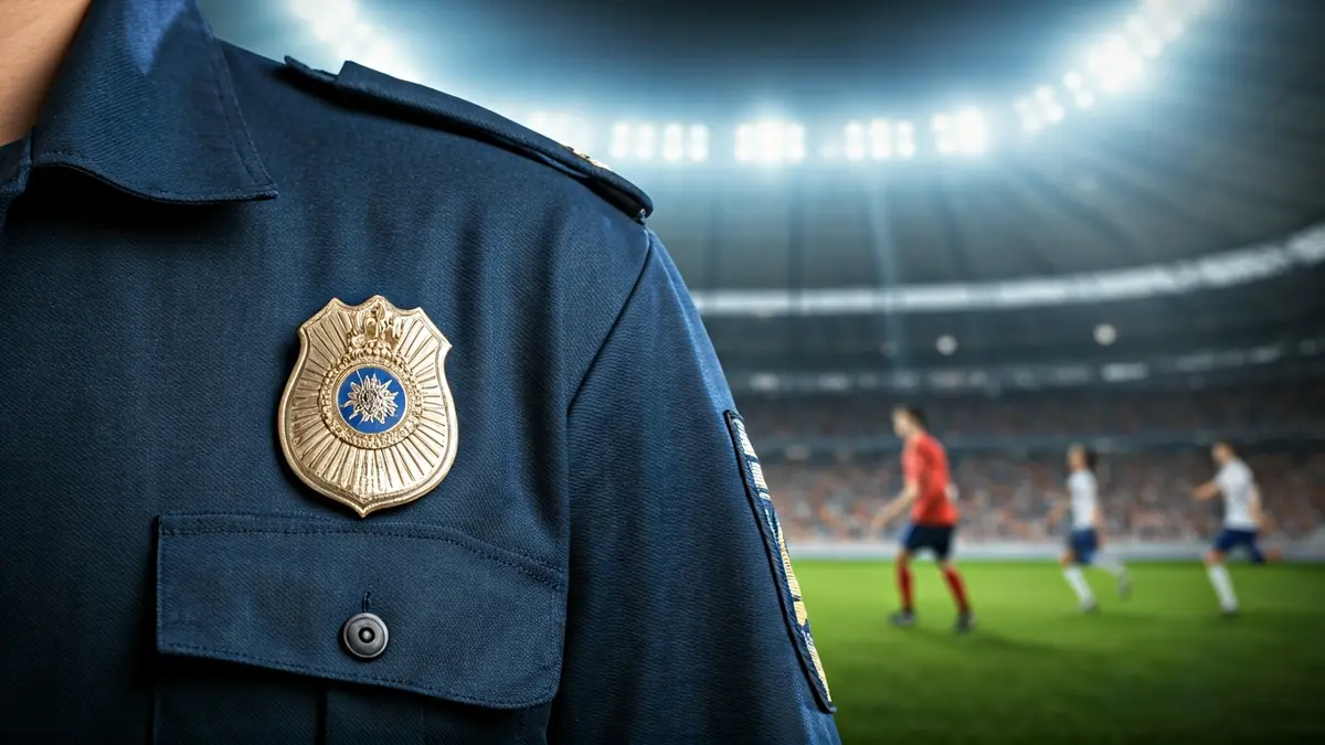 Image of an Adra Local Police badge on a uniform, with a blurred background of a multi-sport event.