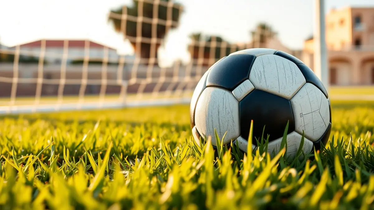 Generic image of a soccer ball on grass, with a goal in the background.