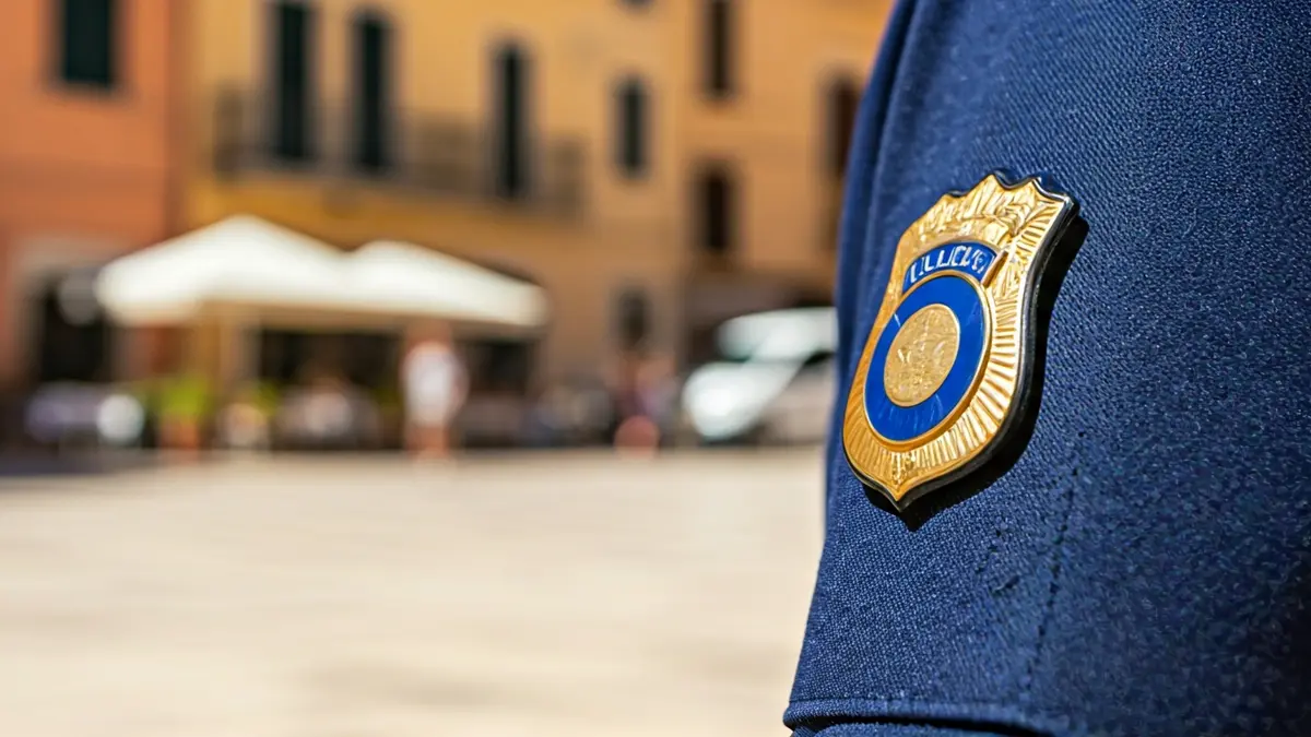 Imagen de un escudo de policía local con un fondo urbano difuminado.