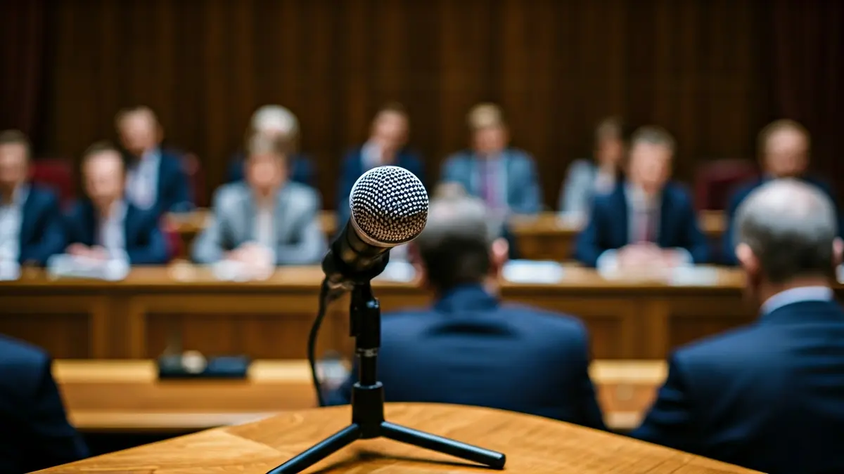 Imagen genérica de un micrófono en un podio en una sala de reuniones, simbolizando un debate político.