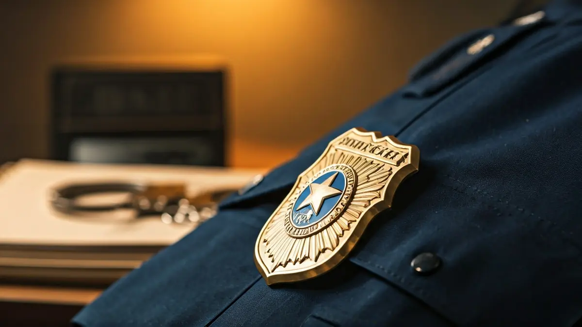 Imagen genérica de una placa de policía con documentos borrosos de fondo.