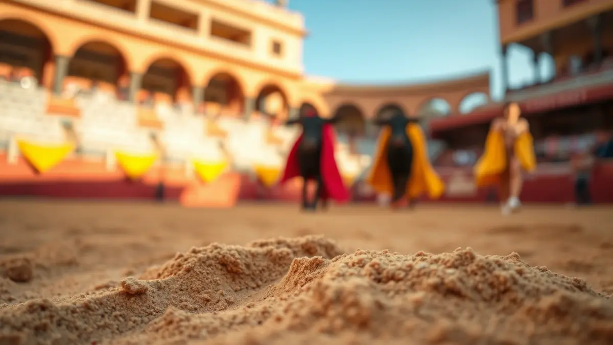 Image of a bullring's sand, with blurred capes in the background.