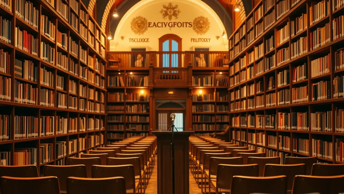 Imagen genérica de un espacio literario con estanterías y un micrófono, evocando un festival de letras.