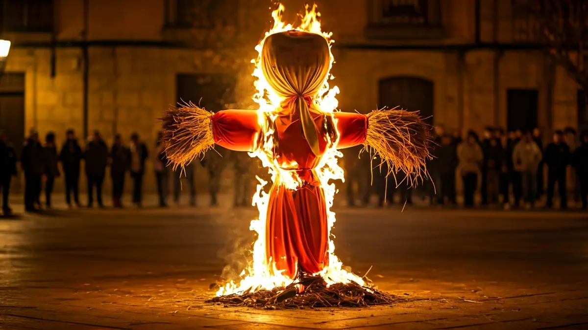 Imagen de un muñeco quemado en una plaza, simbolizando una protesta popular.