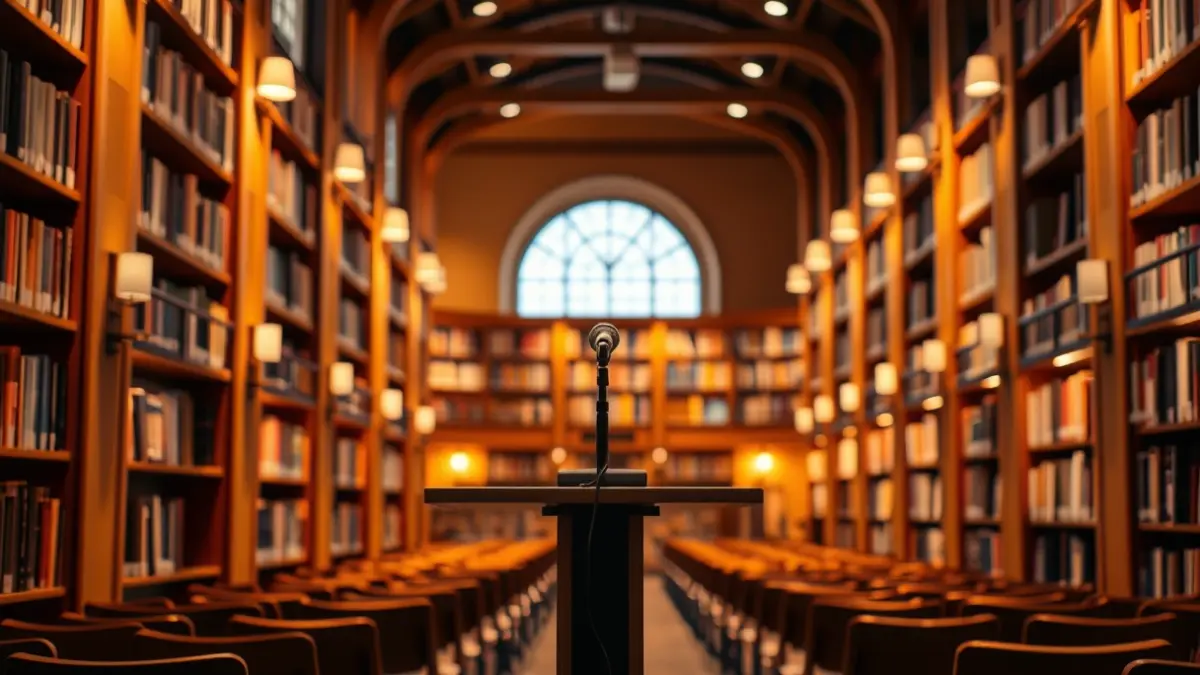 Generic image of a podium with a microphone in a conference room or library, with bookshelves in the background.