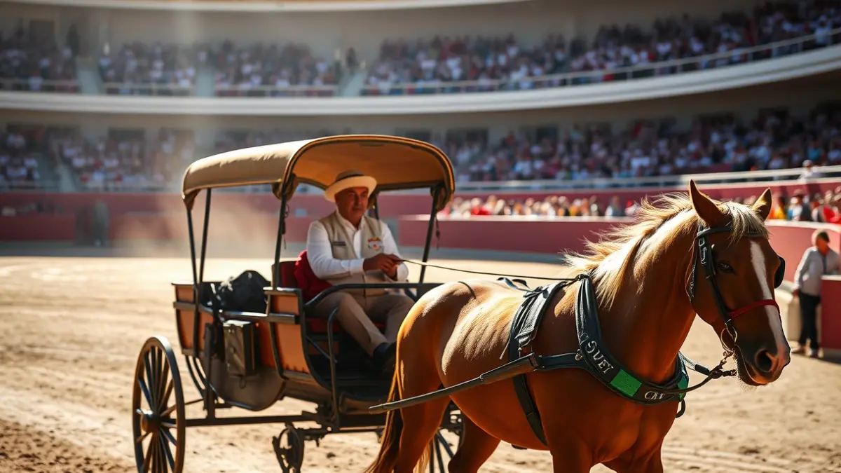 Image of a traditional horse-drawn carriage at the Real Maestranza in Seville.