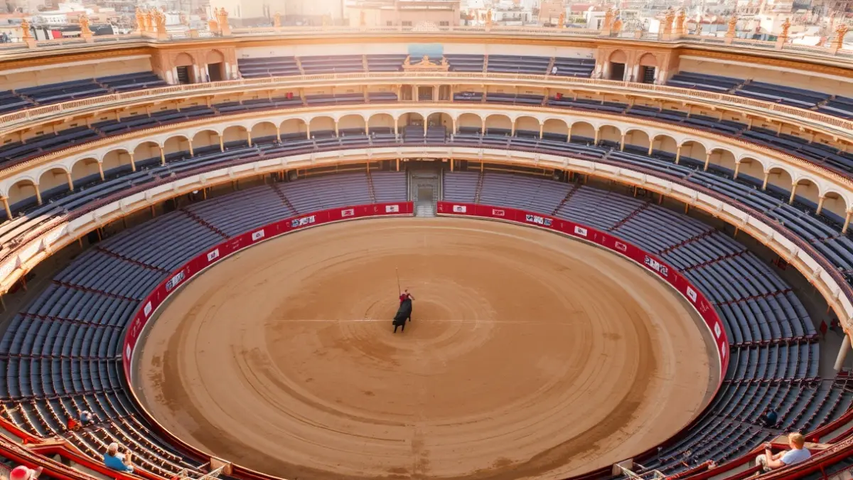 Imagen de la plaza de toros de la Maestranza en Sevilla, vacía y bañada por el sol.