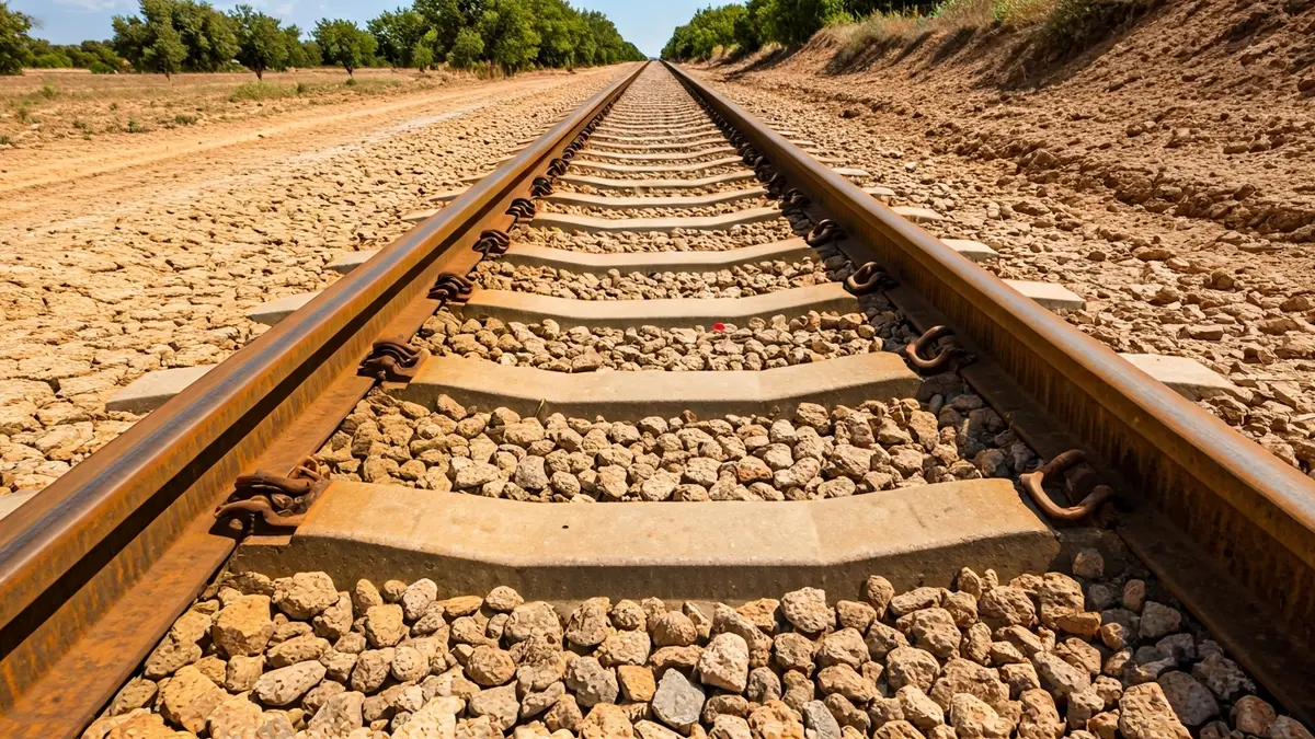 Deteriorated train tracks in a rural Jaén landscape, reflecting the poor state of the railway infrastructure.