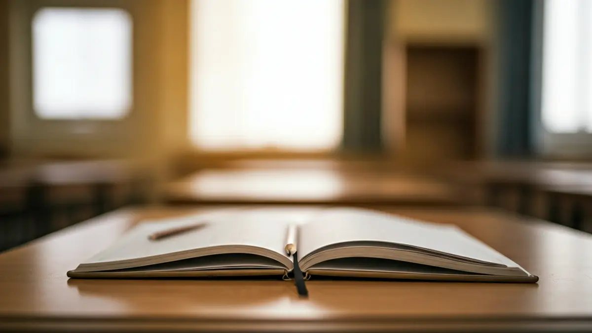 Generic image of a school desk in an empty classroom, with natural light.